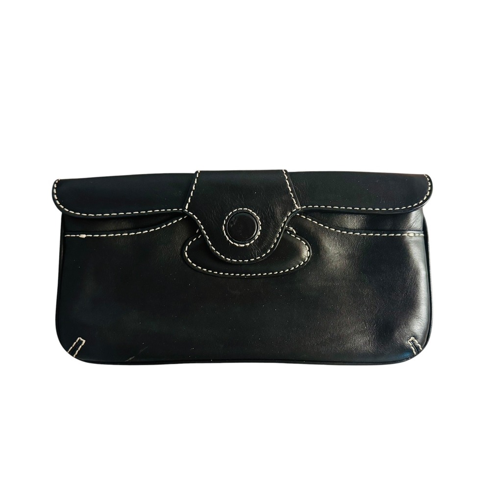 Black Leather Contrast Stitch Clutch Talbots Bag Magnetic Snap Wallet Purse